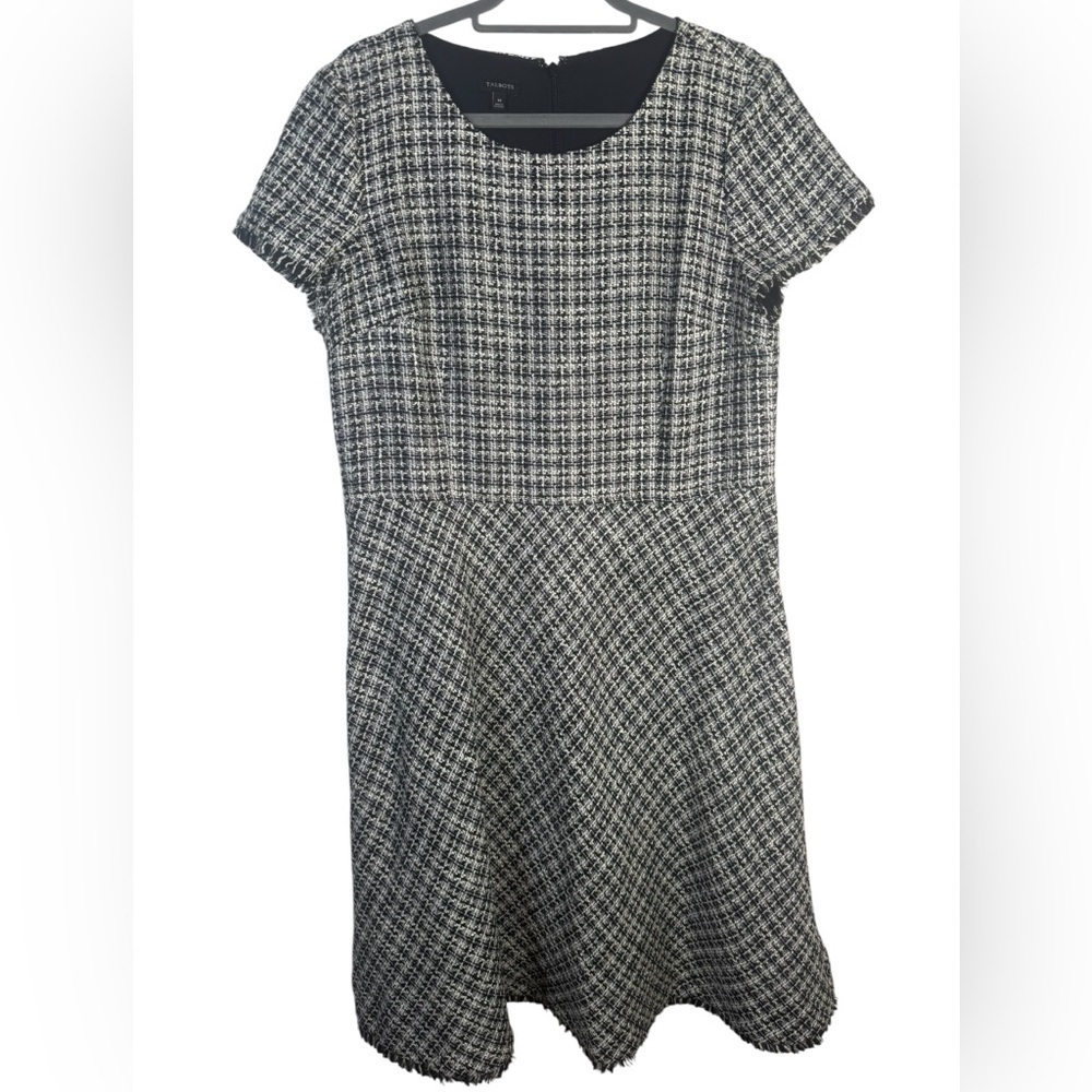 Talbots Black White Tweed Short Sleeve‎ Fit Flare Knee Length Dress Size 14